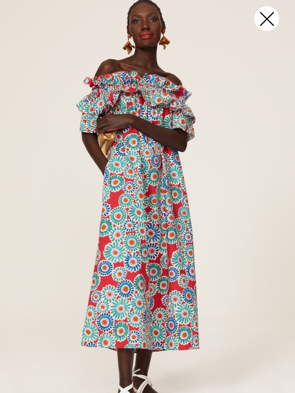 LA DoubleJ Red Multi Floral Off-Shoulder Midi Dress